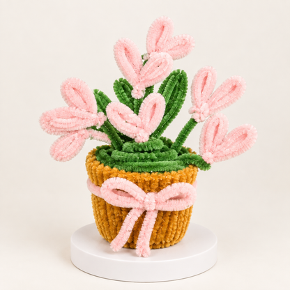 "Handmade Pipe Cleaner Flower Pot – Pink Heart Bouquet Showpiece"