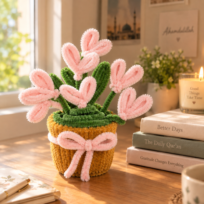 "Handmade Pipe Cleaner Flower Pot – Pink Heart Bouquet Showpiece"